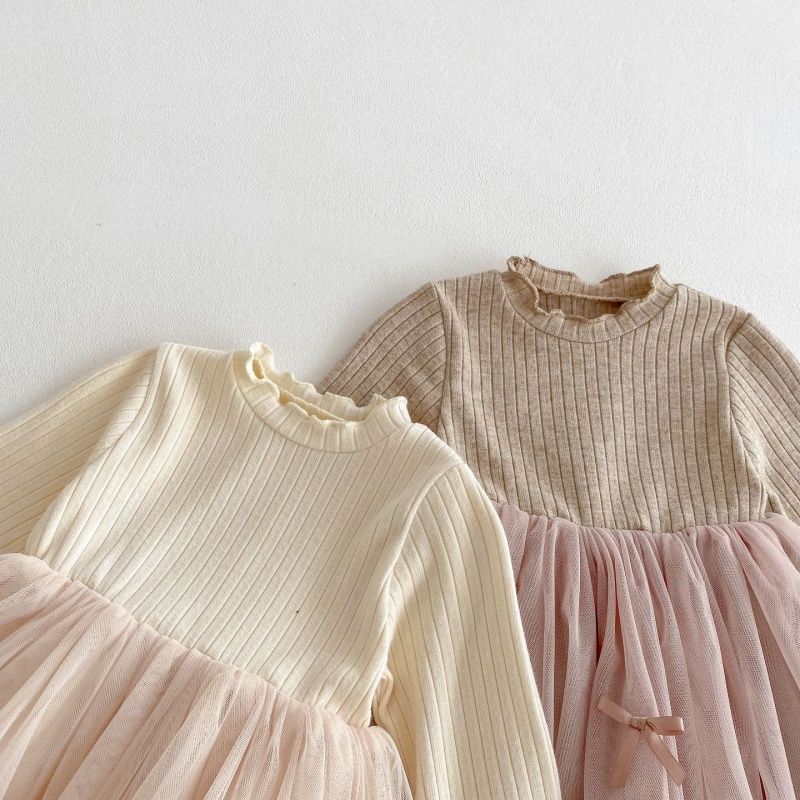 Baby Girl Colour Threaded Wooden Earring Patchwork Long Sleeve Dress