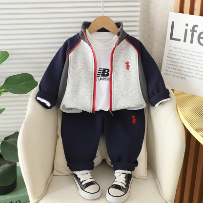3pcs Baby Boy Zip Up High Neck Embroidered Pony Long Sleeve Set