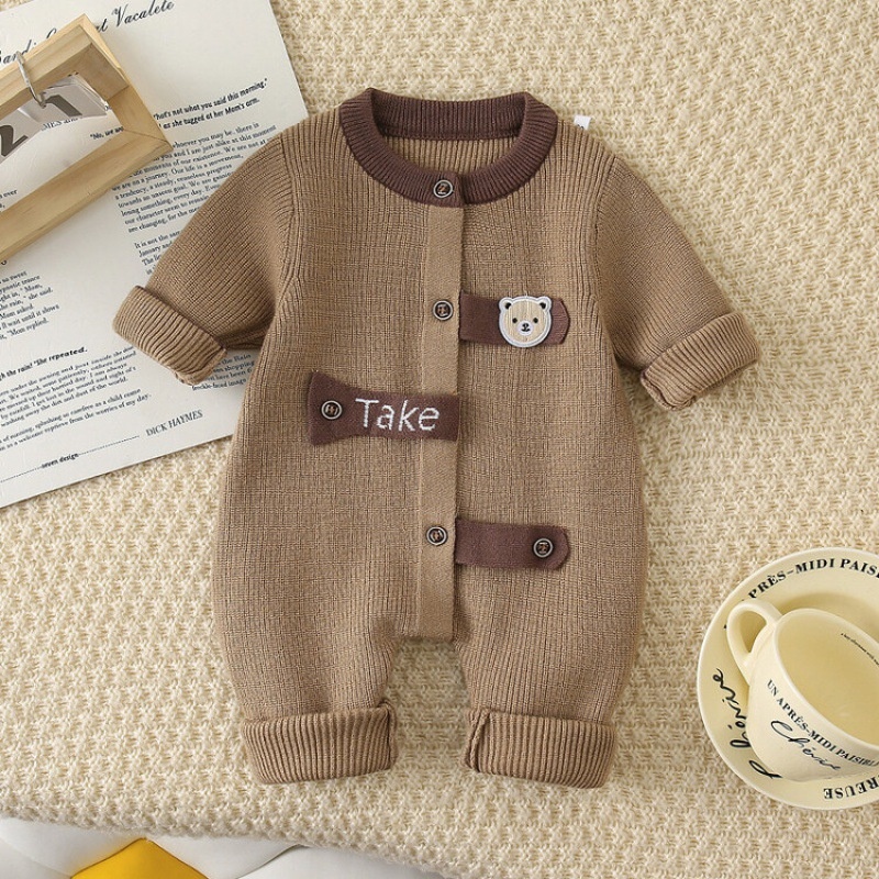Baby Girl/Boy Cute Cartoon Striped Knitted Bear Long Sleeve Romper
