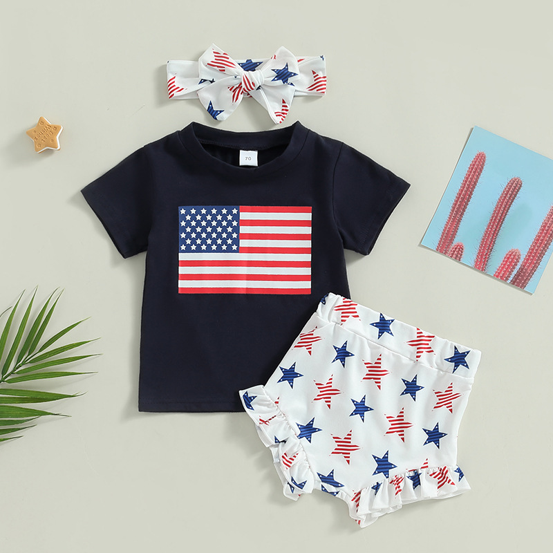  Baby Boy/Girl American Flag Print T-shirt + High-waisted Pant +Hairband Three-piece Set