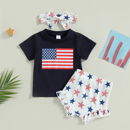  Baby Boy/Girl American Flag Print T-shirt + High-waisted Pant +Hairband Three-piece Set
