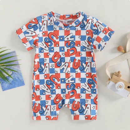 Baby Boy/Girl Independence Day Flag Print Crew Neck Short Sleeve Romper