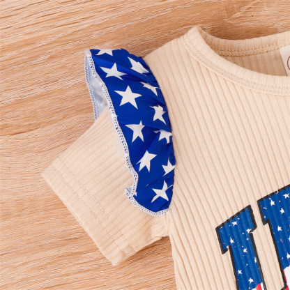Baby Girl Independence Day Letter USA Print Lace Short Sleeve Romper with Hairband 
