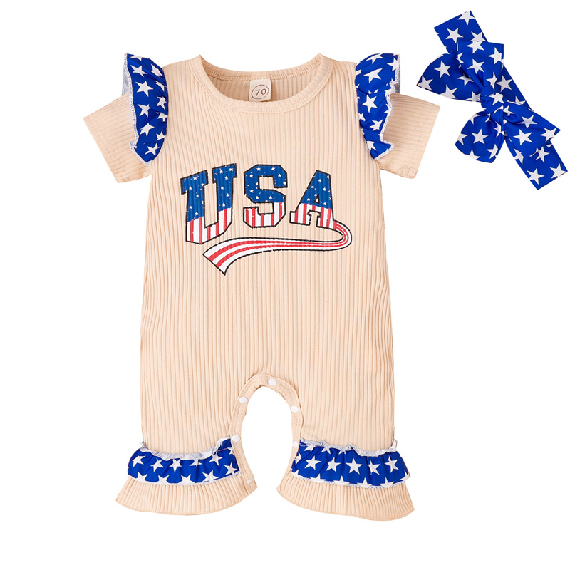 Baby Girl Independence Day Letter USA Print Lace Short Sleeve Romper with Hairband 