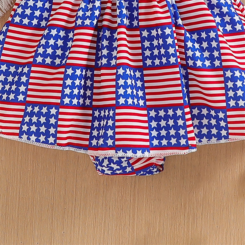 Baby Girl Independence Day Star Grid Short Sleeve Bodysuit with Hairband