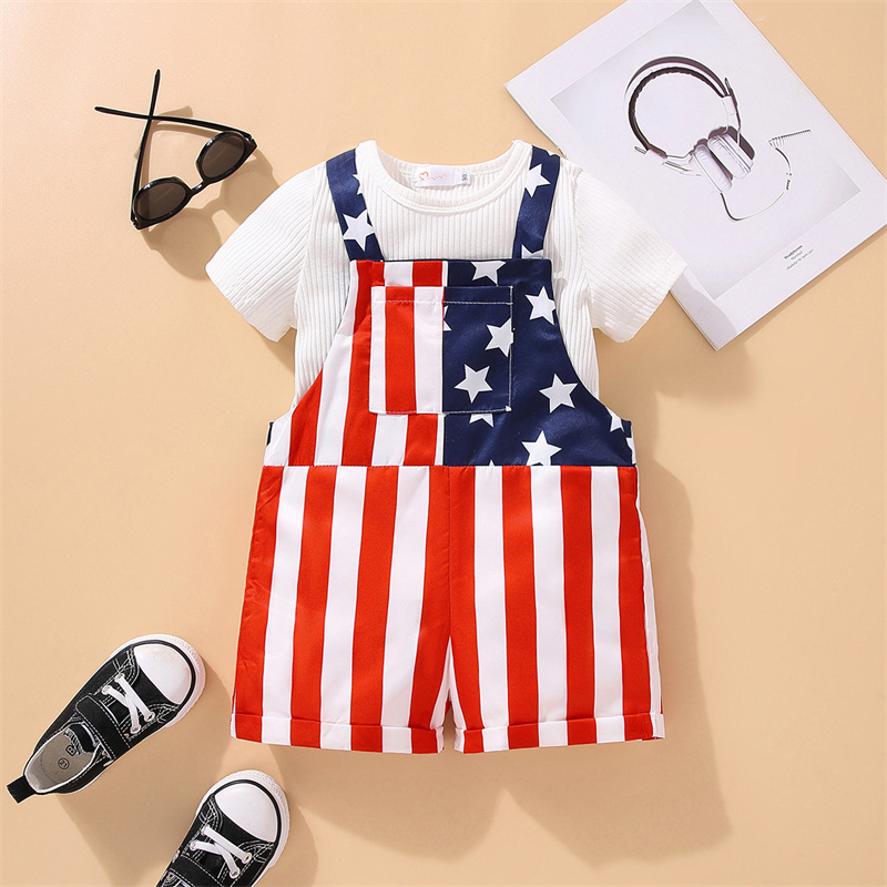 Baby Boys Independence Day Stars and Stripes T-shirt+Suspenders 2pcs Set