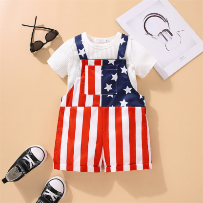 Baby Boys Independence Day Stars and Stripes T-shirt+Suspenders 2pcs Set