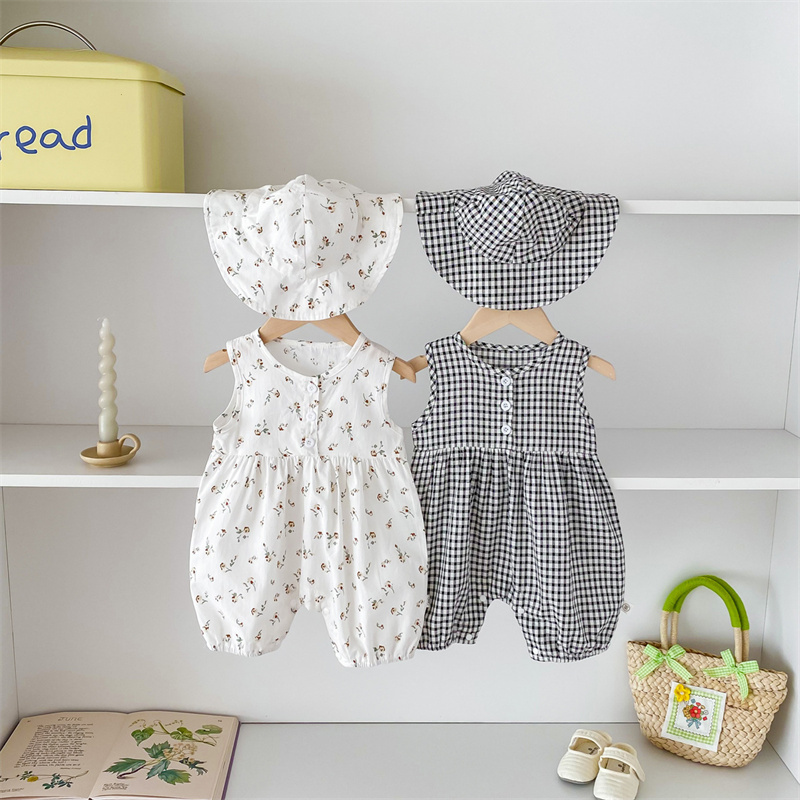 Baby Girl Floral Plaid Sleeveless Romper+ Hairband 2pcs set