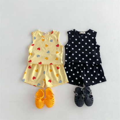 2pcs Baby Boy/Girl Thin Cotton Love Dot Print Sleeveless T-Shirt with Pant Set