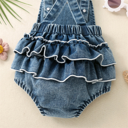 Baby Gir Cute Flower Bunny Denim Bodysuit with Bow Tie
