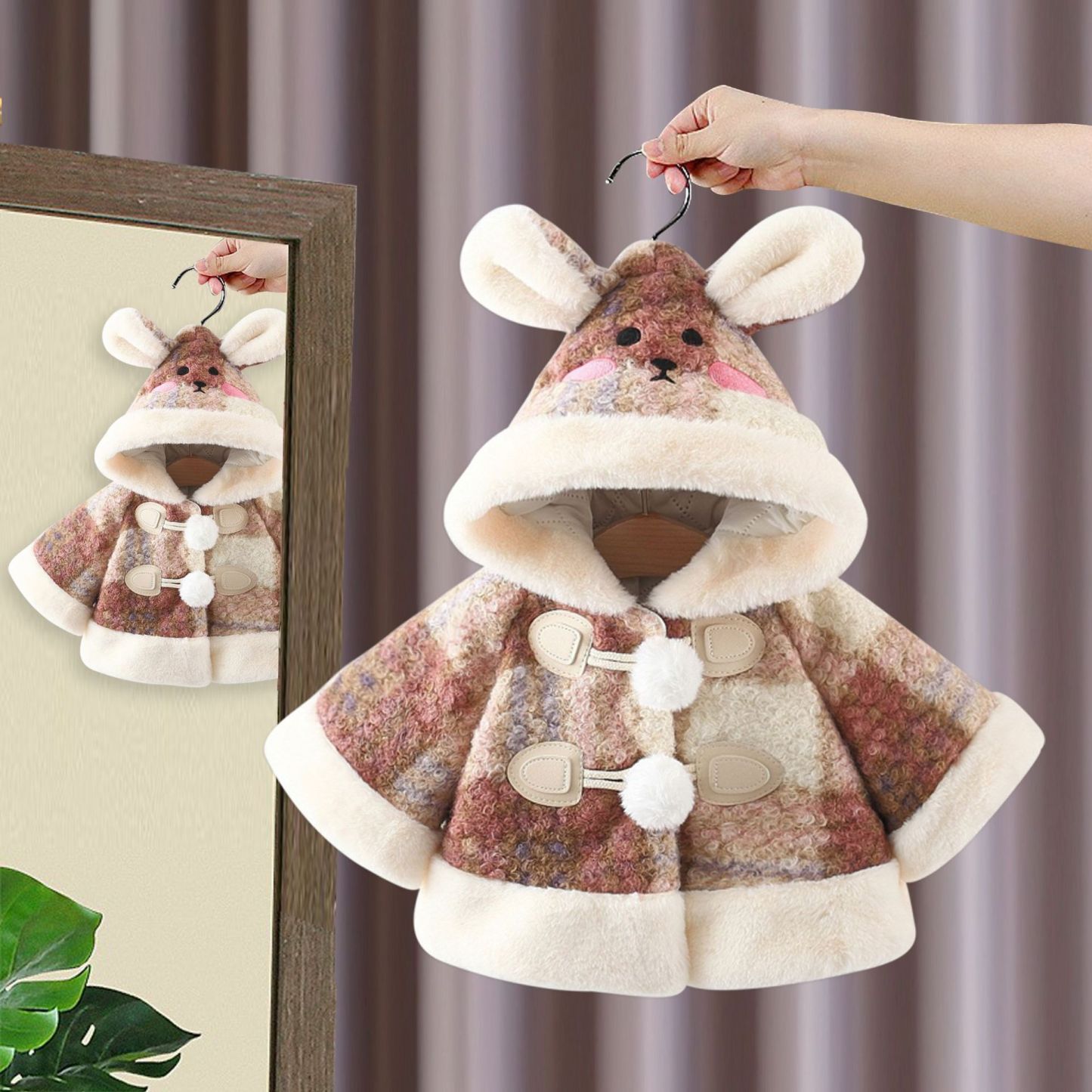 Baby Girl Warm Plaid Hooded Cape