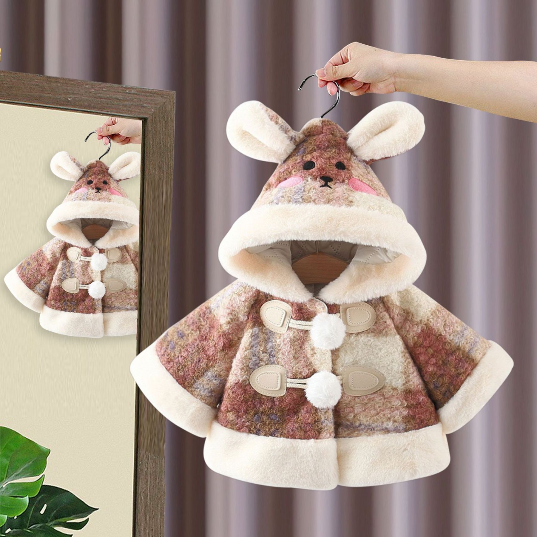 Baby Girl Warm Plaid Hooded Cape