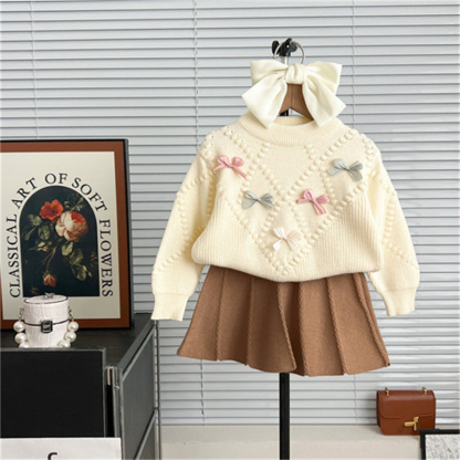 2pcs Baby Girl Bow Knit Sweater Set
