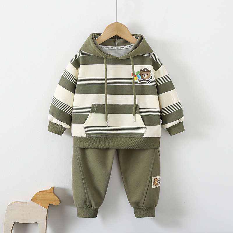 2pcs Baby Boy Cartoon Bear Striped Casual Sweatshirt Set