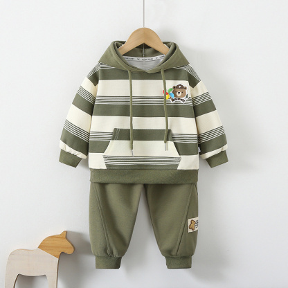 2pcs Baby Boy Cartoon Bear Striped Casual Sweatshirt Set