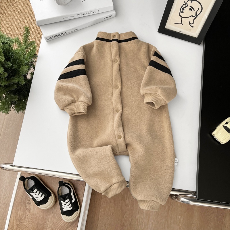 Baby Boy Pulled Stripe Plush Half High Neckline Romper