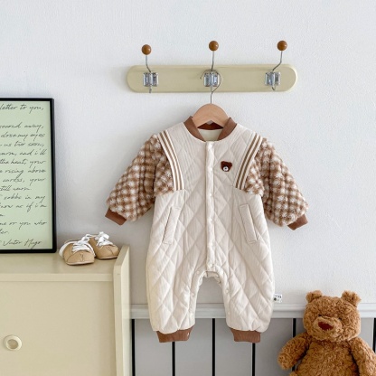 Baby Cartoon Cute Bear Plaid Sleeve Romper