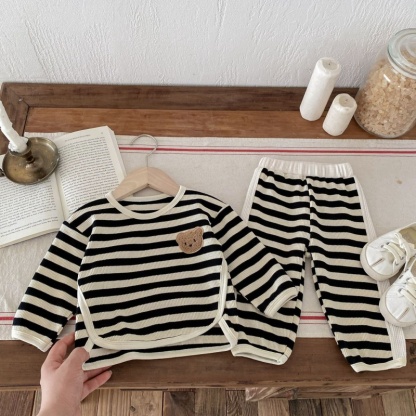 2pcs Baby Girl/Boy Waffle Bear Stripe Long Sleeve Set