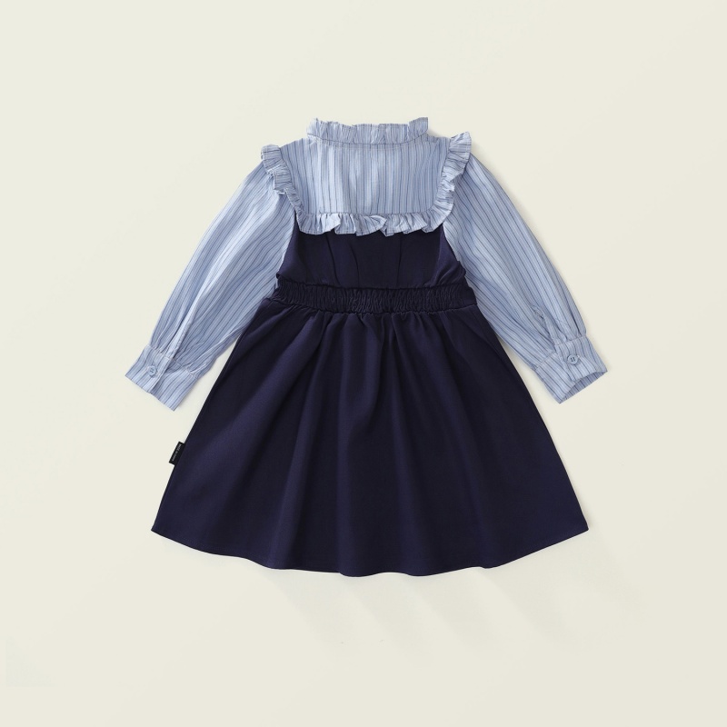 Baby Girl College Style False Two Piece Striped Clashing Long Sleeve Dress