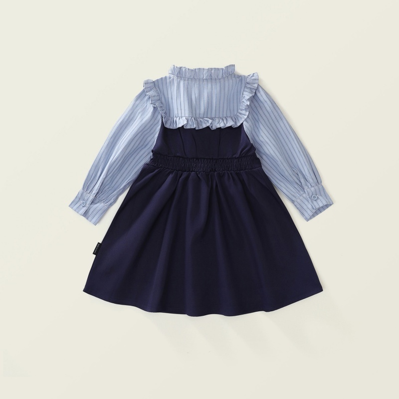 Baby Girl College Style False Two Piece Striped Clashing Long Sleeve Dress