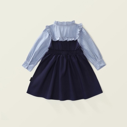 Baby Girl College Style False Two Piece Striped Clashing Long Sleeve Dress