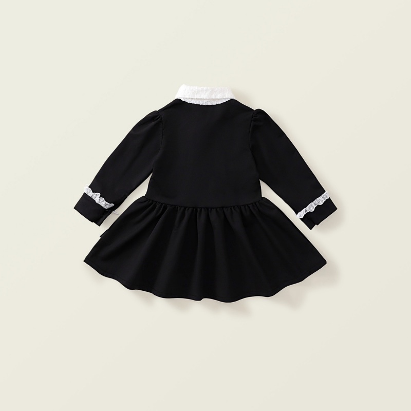 Baby Girl Black Hepburn Style Lace Bow Long Sleeve Dress