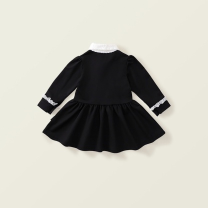 Baby Girl Black Hepburn Style Lace Bow Long Sleeve Dress