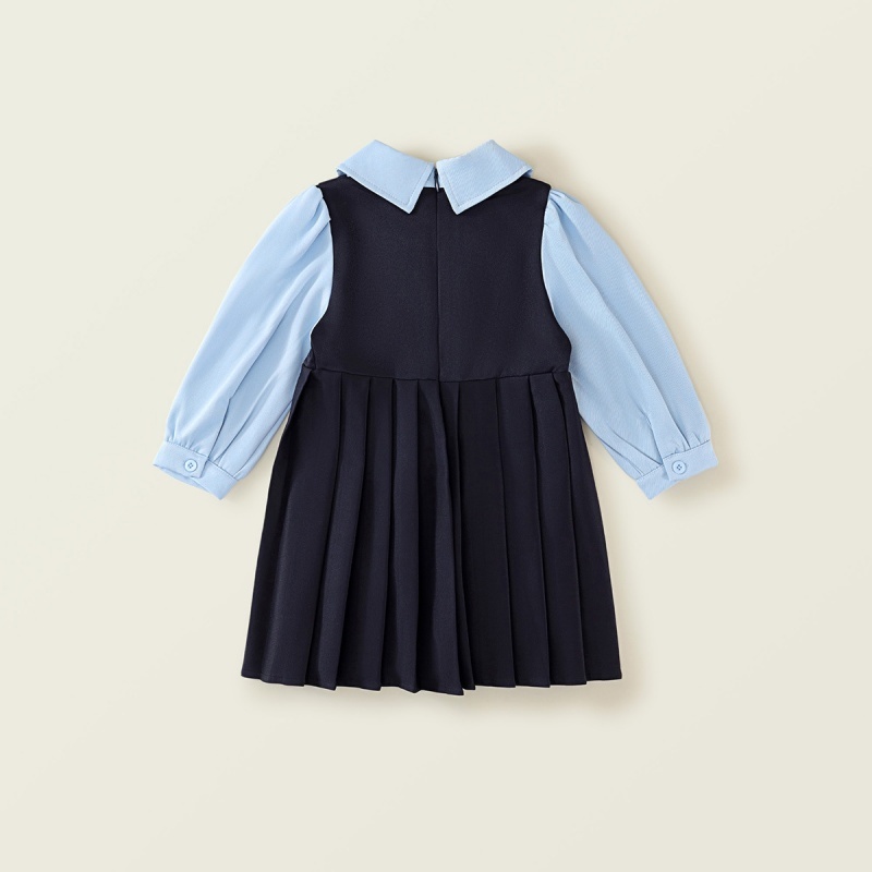 Baby Girl College Style Fake Two Piece Bow Long Sleeve Pleated Dress