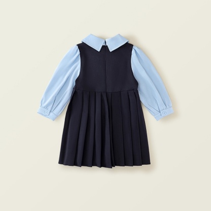 Baby Girl College Style Fake Two Piece Bow Long Sleeve Pleated Dress
