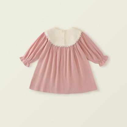 Baby Girl Pink Bubble Sleeve Bear Embroidered Long Sleeve Dresses