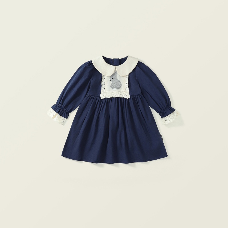 Baby Girl Babydoll Collar Bunny Embroidery Long Sleeve Dresses