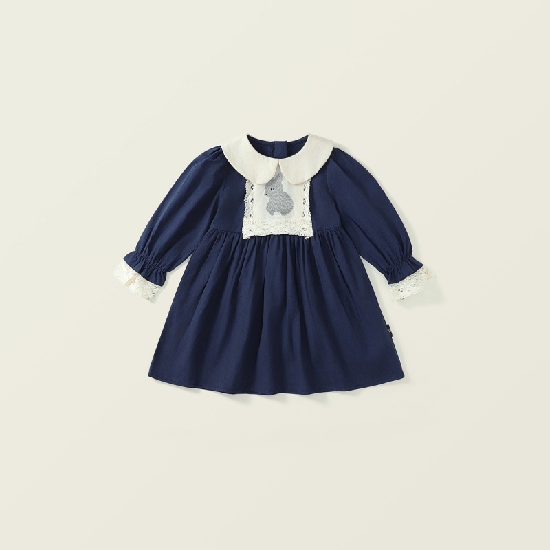 Baby Girl Babydoll Collar Bunny Embroidery Long Sleeve Dresses
