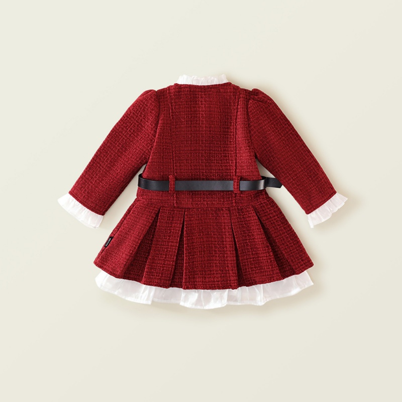 Baby Girl Tweed waisted padded and thickened pleated Long Sleeve Dress