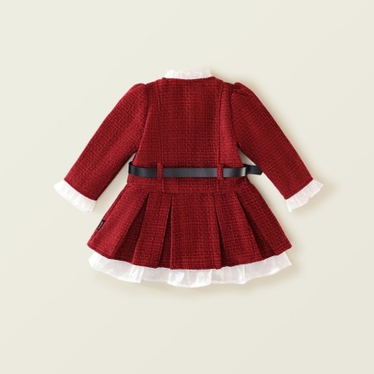 Baby Girl Tweed waisted padded and thickened pleated Long Sleeve Dress