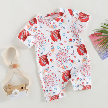 Baby Boy/Girl Independence Day Flag Print Crew Neck Short Sleeve Romper