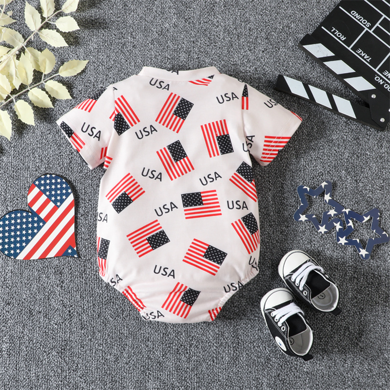 Baby Boy/Girl Independence Day Flag Print Short Sleeve Bodysuit