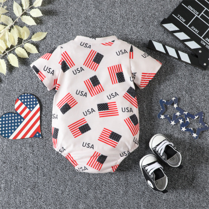 Baby Boy/Girl Independence Day Flag Print Short Sleeve Bodysuit