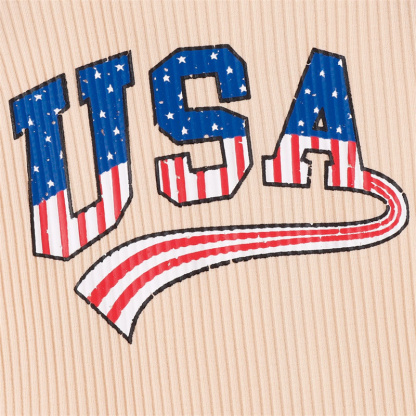 Baby Girl Independence Day Letter USA Print Lace Short Sleeve Romper with Hairband 