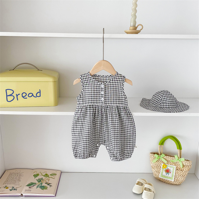 Baby Girl Floral Plaid Sleeveless Romper+ Hairband 2pcs set