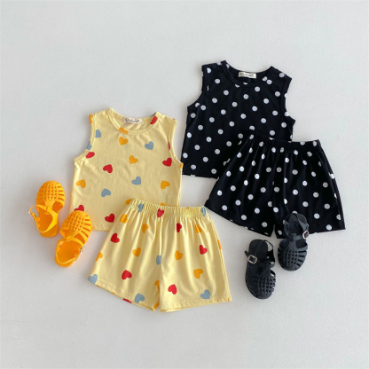 2pcs Baby Boy/Girl Thin Cotton Love Dot Print Sleeveless T-Shirt with Pant Set