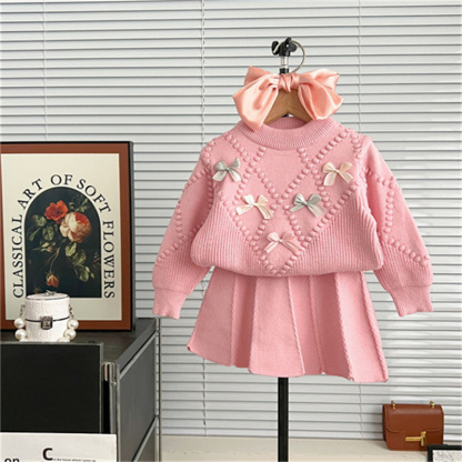 2pcs Baby Girl Bow Knit Sweater Set