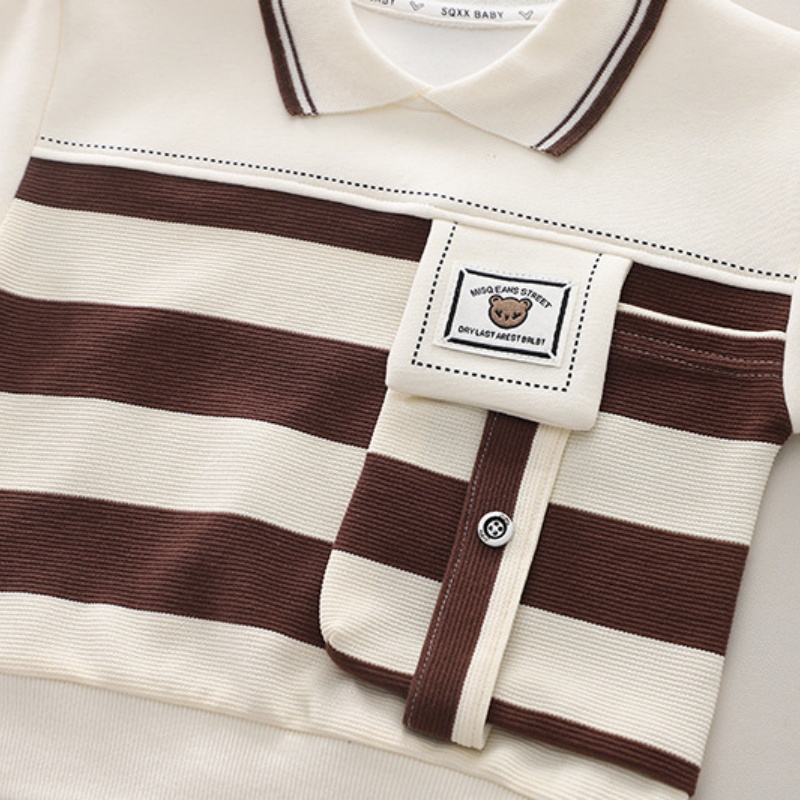 2pcs Baby Boy Cartoon Striped Sweatshirt Long Sleeve Lapel Set