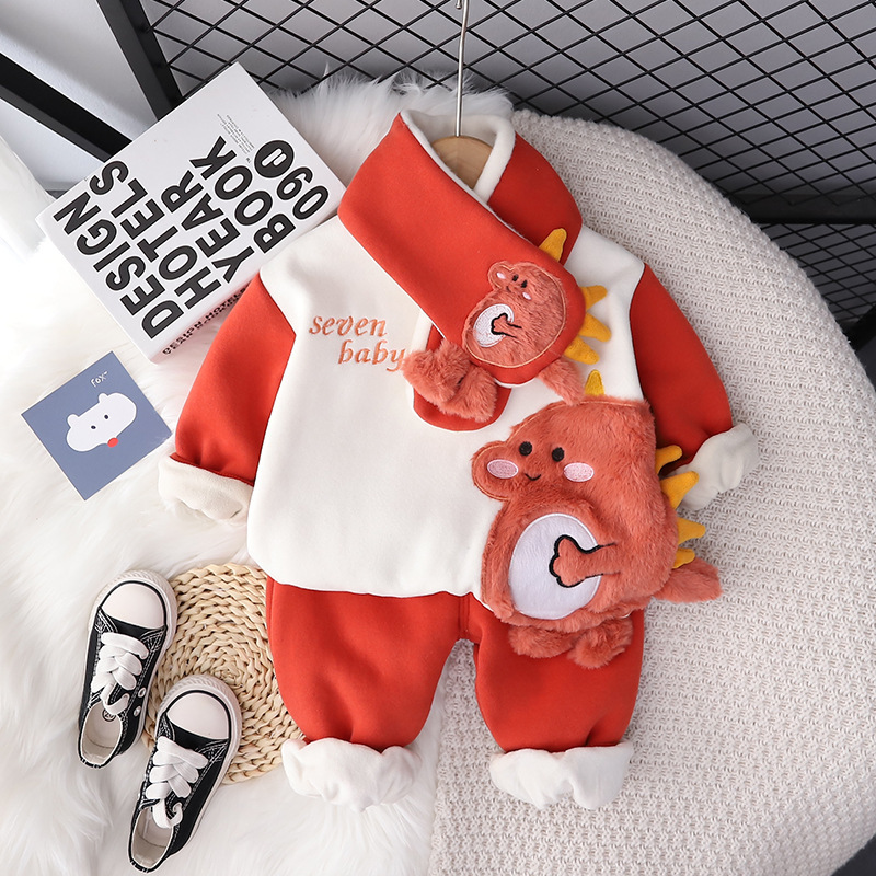 2pcs Baby Boy/Girl Thickened Padded Scarf Dinosaur Set