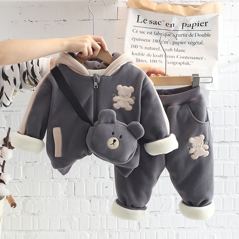 2pcs Baby Boy/Girl Bear Thickened Hooded with Bear Bag Set