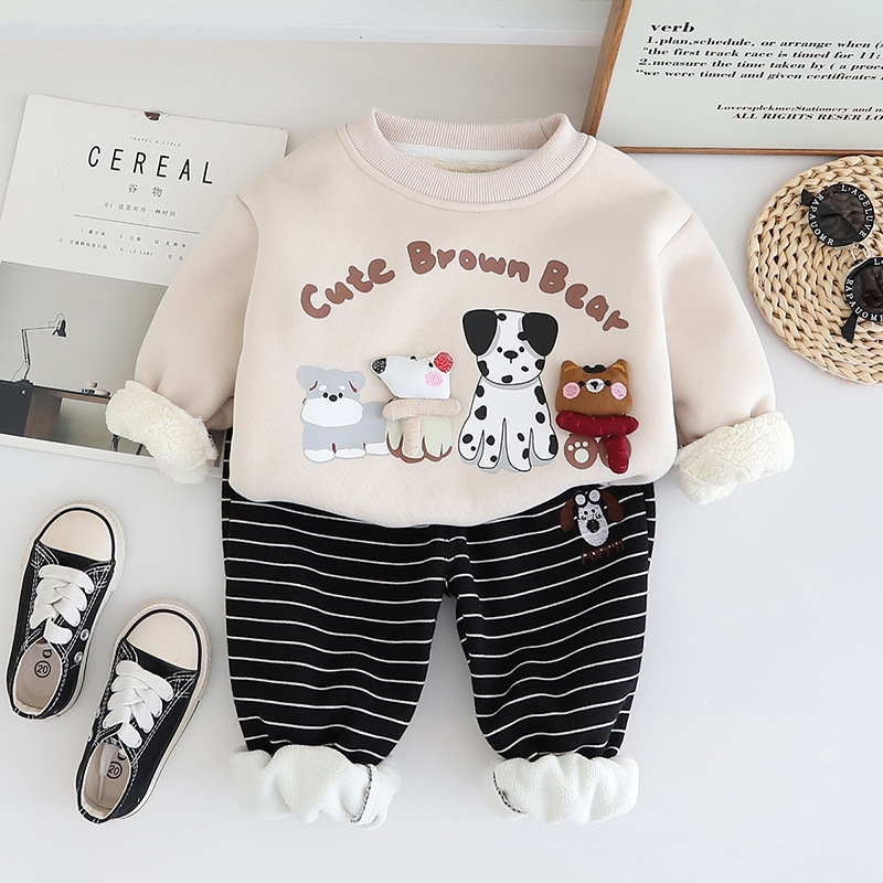 2pcs Baby Boy Cartoon Cute Puppy Padded Sweatshirt Set