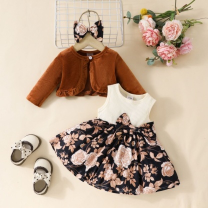 2pcs Baby Girl Plush Jacket Vest Butterfly Dress Set
