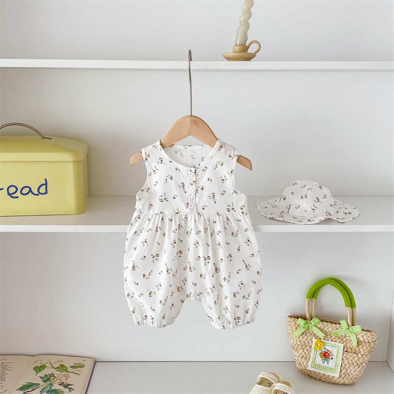 Baby Girl Floral Plaid Sleeveless Romper+ Hairband 2pcs set