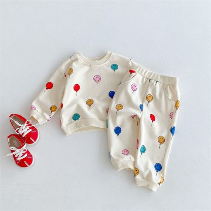 2pcs Baby Boy/Girl Smiley Colourful Balloon Print  Sweatshirt with Trouser Set