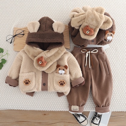 2pcs Baby Boy/Girl Bear Thickened Hooded with Scarf Set