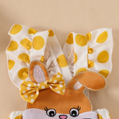 3pcs Solid Long Sleeve Bodysuit  + Cute Bunny Embroidered Ruffle Dot Back Skirt + Hairband Set